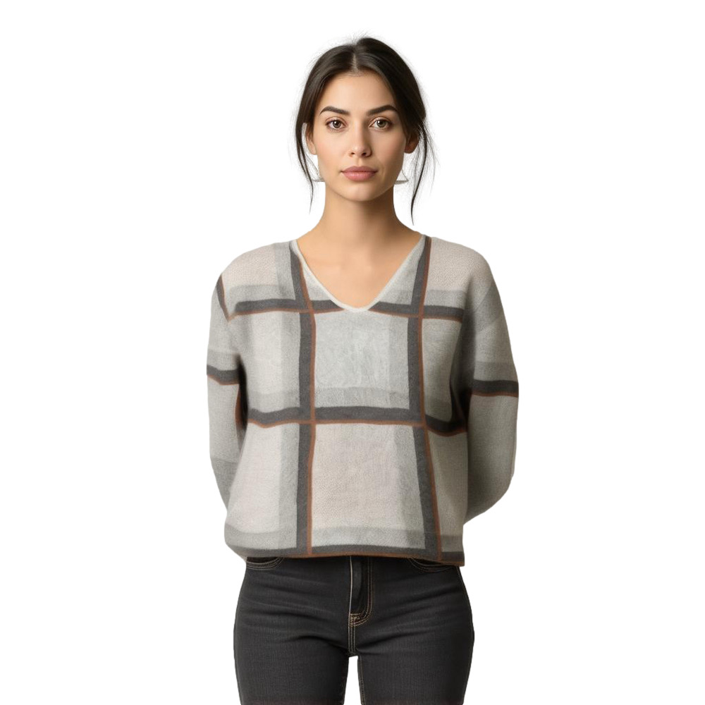 Ann Taylor Factory Grey with Tan Plaid V-Neck Sweater - XS